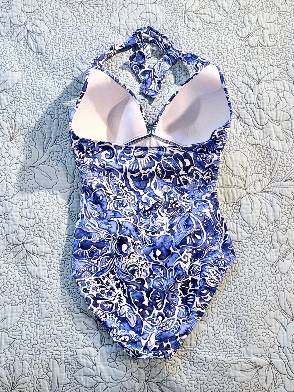 Lauren Ralph Lauren Blue White Floral Halter Swimsuit Tummy Control Ruched~8💛 - Picture 3 of 12